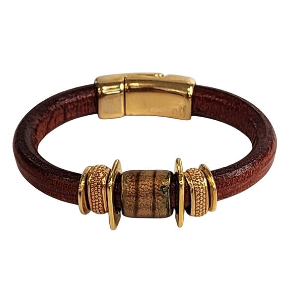 NEW Divine Debris Artisan Leather Bracelet Gold Magnetic Bangle Ceramic Accent - Picture 1 of 6